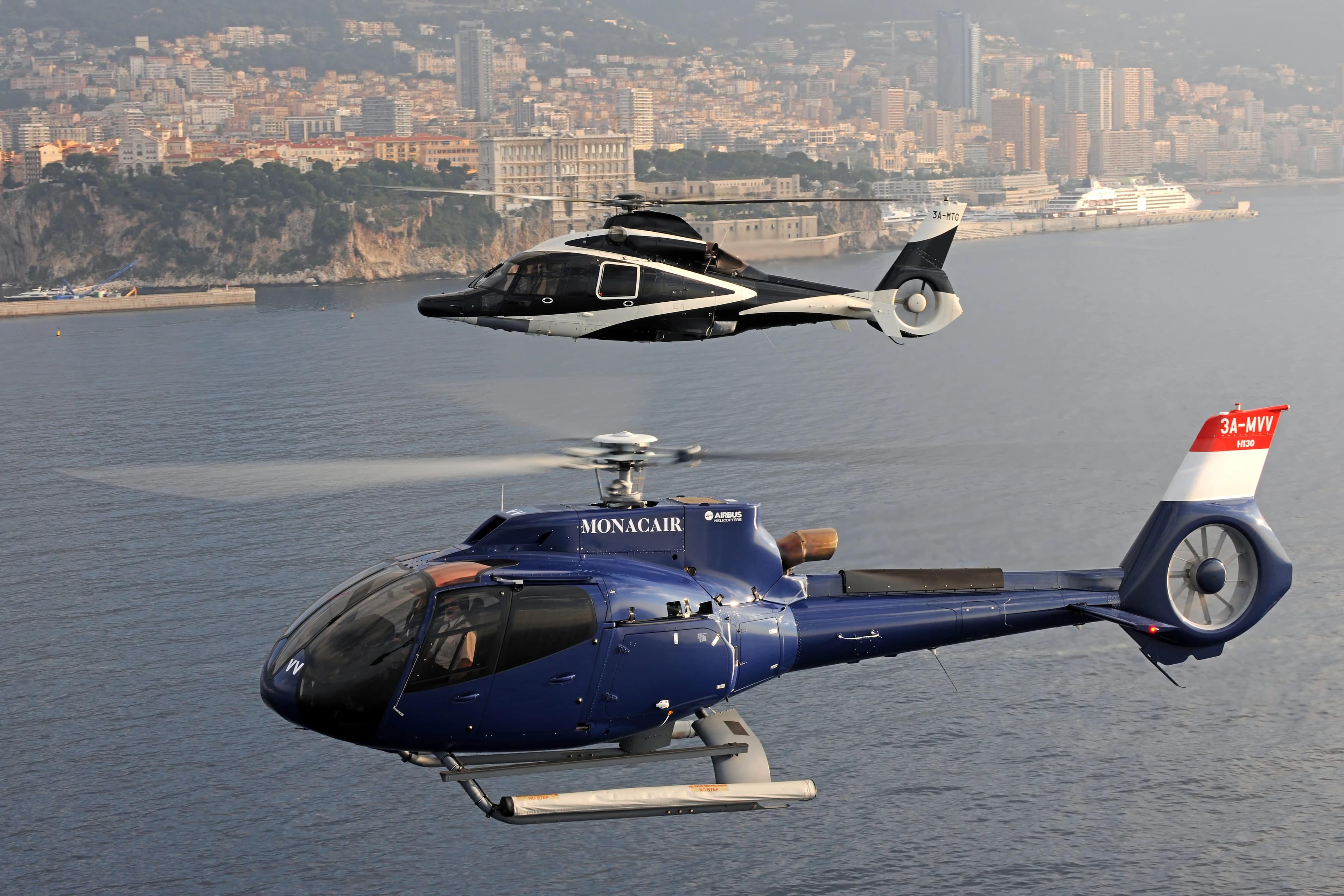 MONACAIR helicopter over the Monaco coastline, flying since 1988